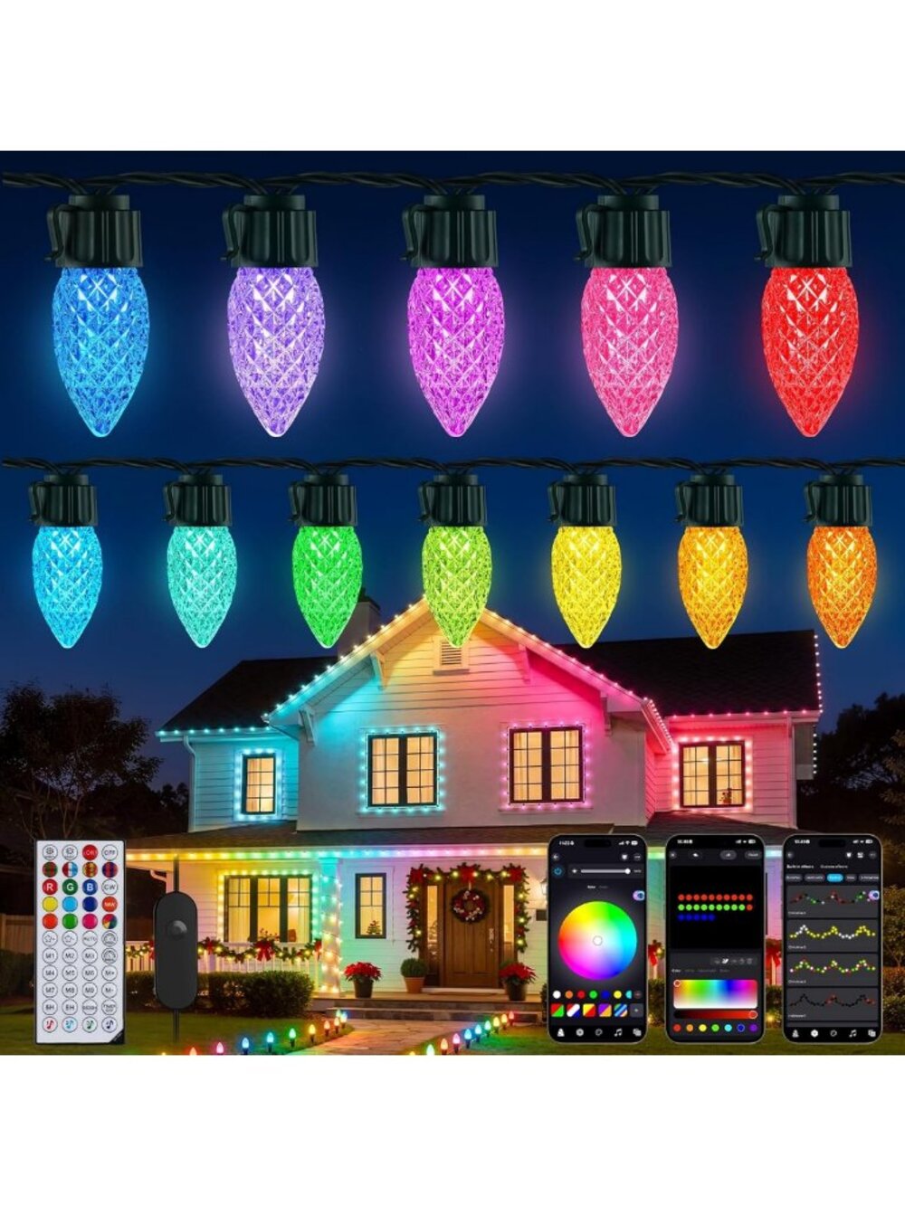 100 LED Outdoor Christmas Lights - Smart App Control, Music Sync, Timer, DIY
